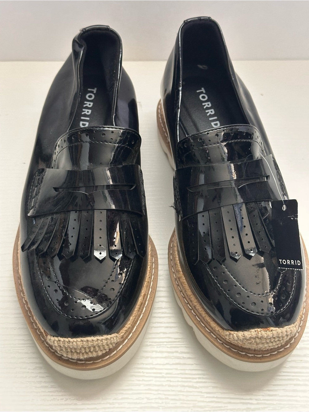torrid Black Patent Kiltie Fringe Slip-On Loafers with Jute Trim